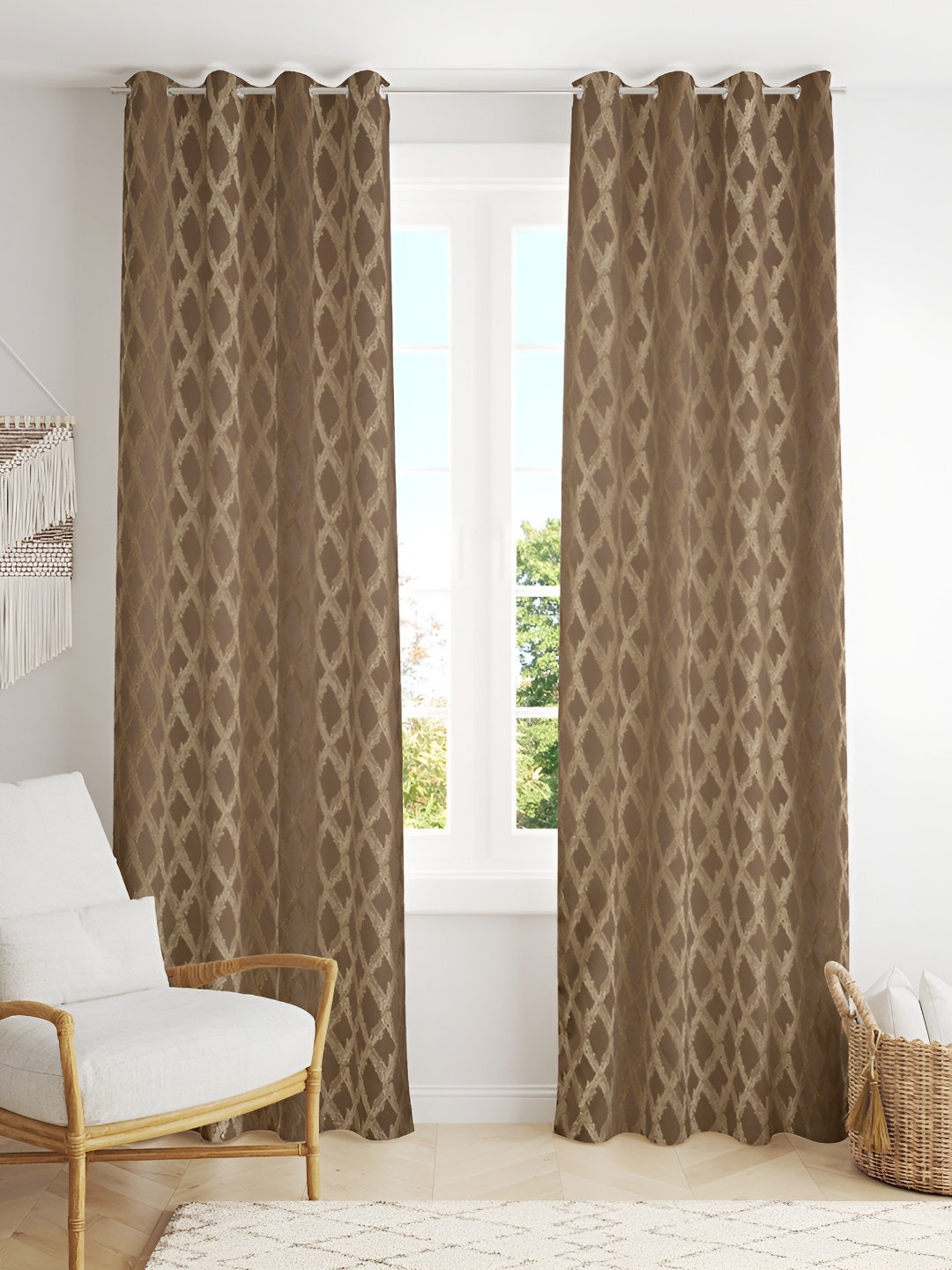 

luchom Brown 2 Pieces Ethnic Motifs Printed Room Darkening Long Door Curtains