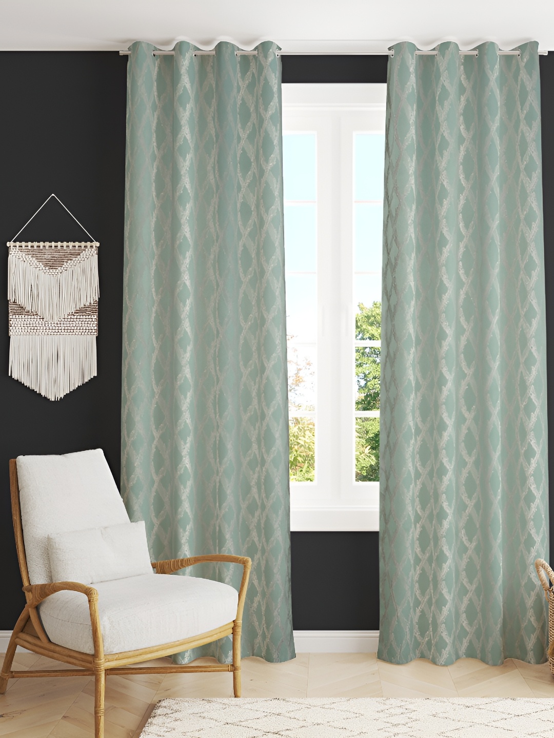 

luchom Sea Green 2 Pieces Ethnic Motifs Printed Room Darkening Long Door Curtains