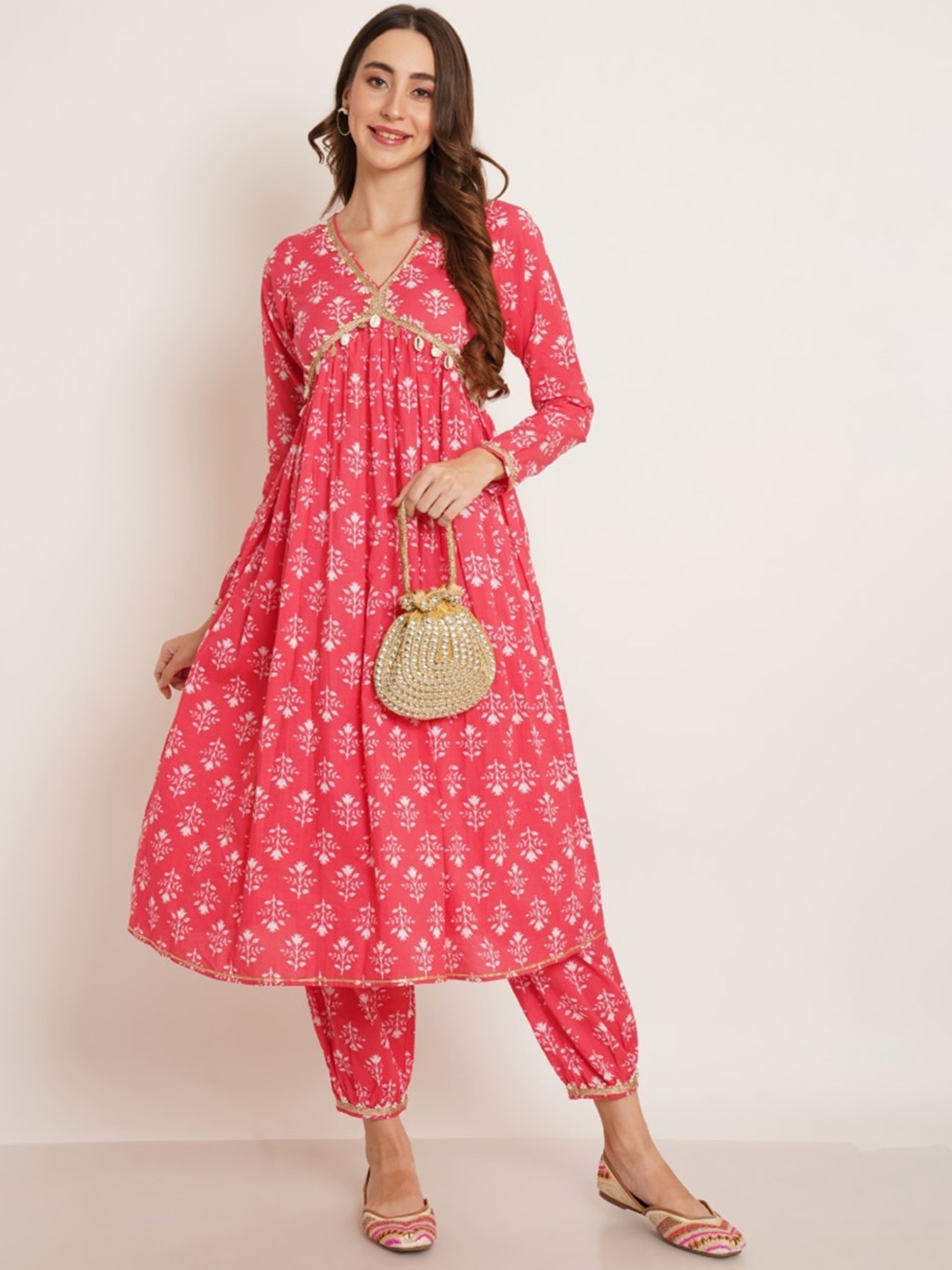 

KALINI Ethnic Motifs Printed Gotta Patti Detailed A-Line Pure Cotton Kurta with Salwar, Red