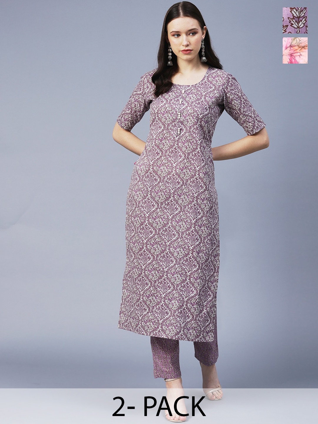 

KALINI Selection of 2 Printed Straight Kurta With Trouser, Purple