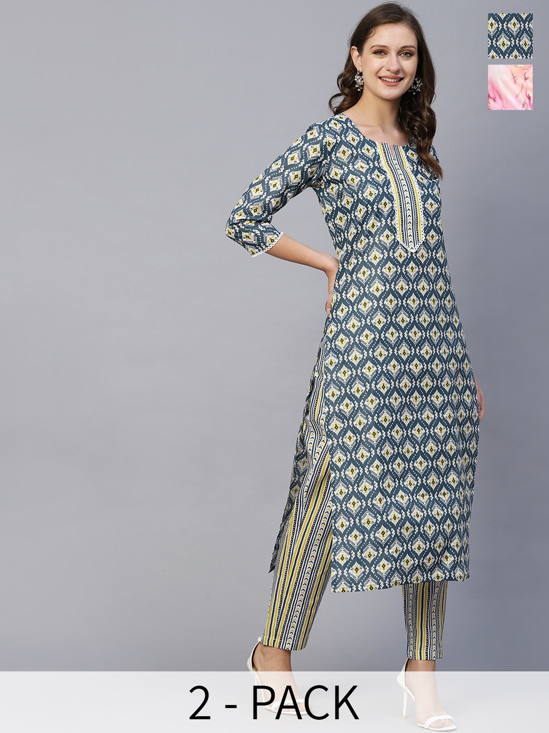 

KALINI Selection Of 2 Printed Straight Kurta with Trouser, Green
