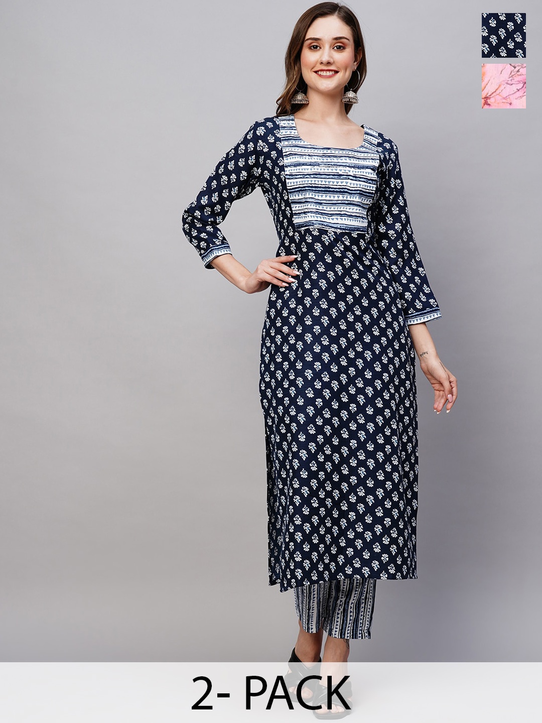 

KALINI Selection of 2 Ethnic Motif Printed Straight Kurta With Trousers, Navy blue