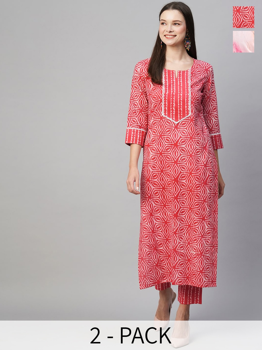 

KALINI Selection of 2 Ethnic Motif Printed Straight Kurta With Trousers, Pink