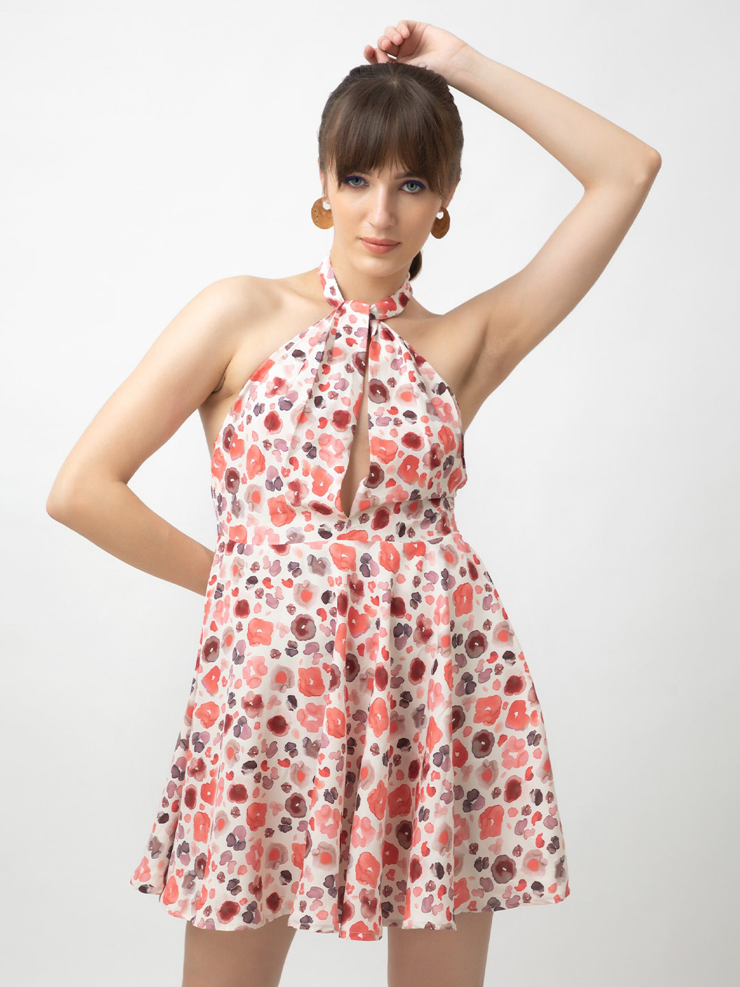 

Dee Monash Floral Printed Halter Neck Crepe A-Line Dress, Off white