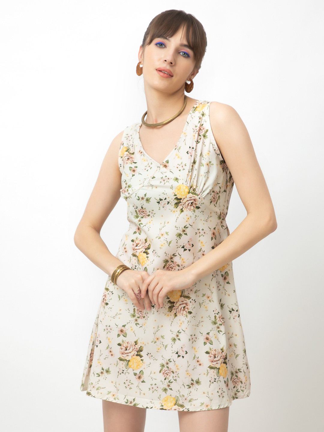 

Dee Monash Floral Printed Crepe Sleeveless A-Line Dress, Beige