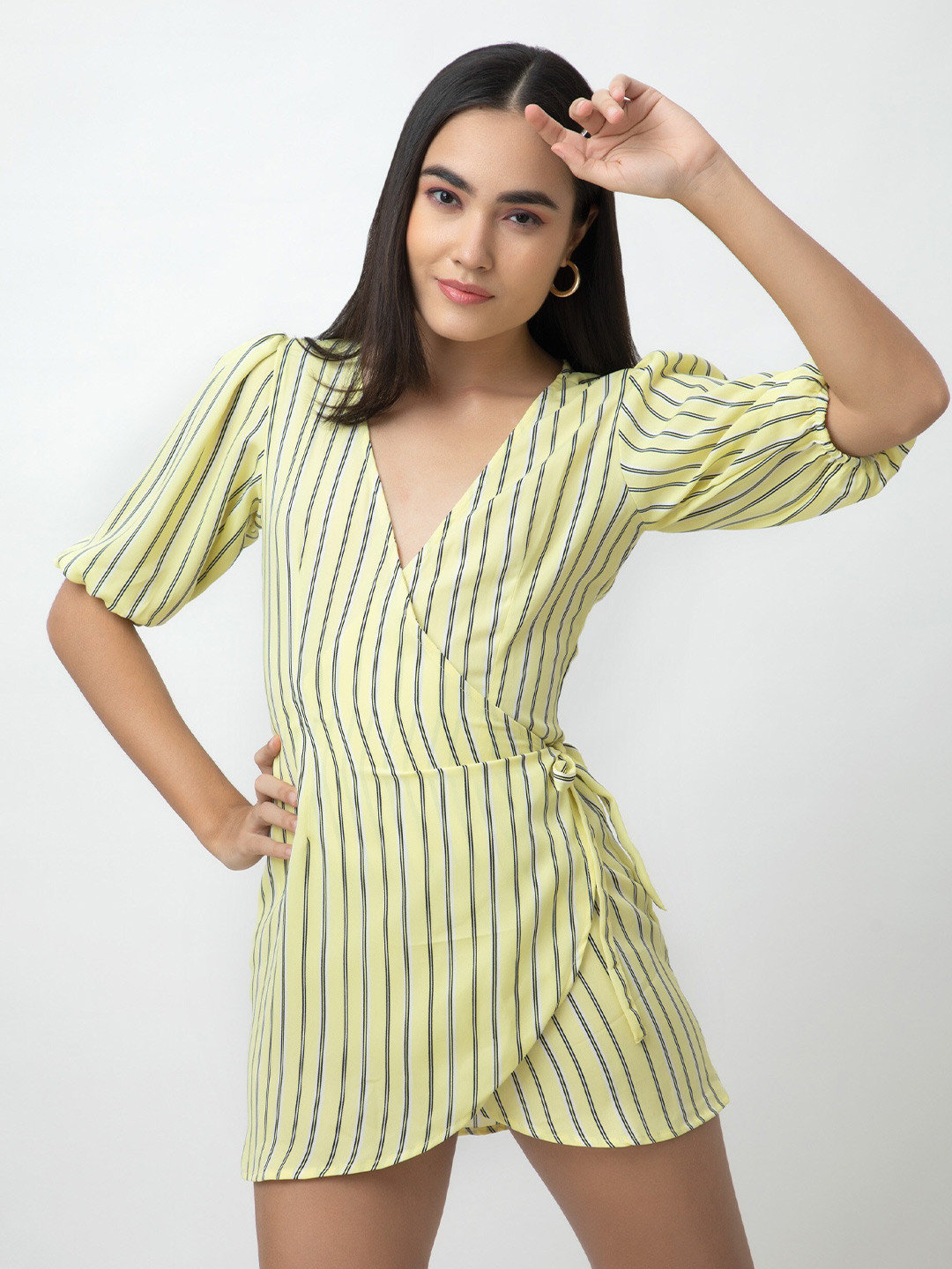 

Dee Monash V-Neck Striped Crepe Short Dress, Yellow