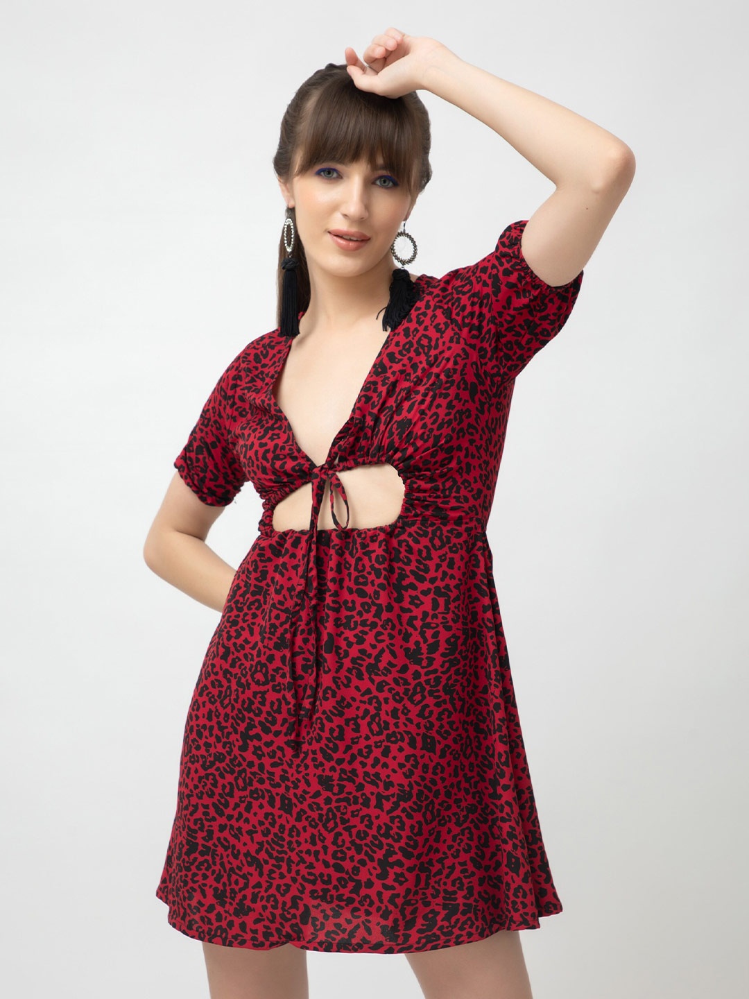 

Dee Monash Animal Printed Cut-Out Detail Georgette Fit & Flare Dress, Red