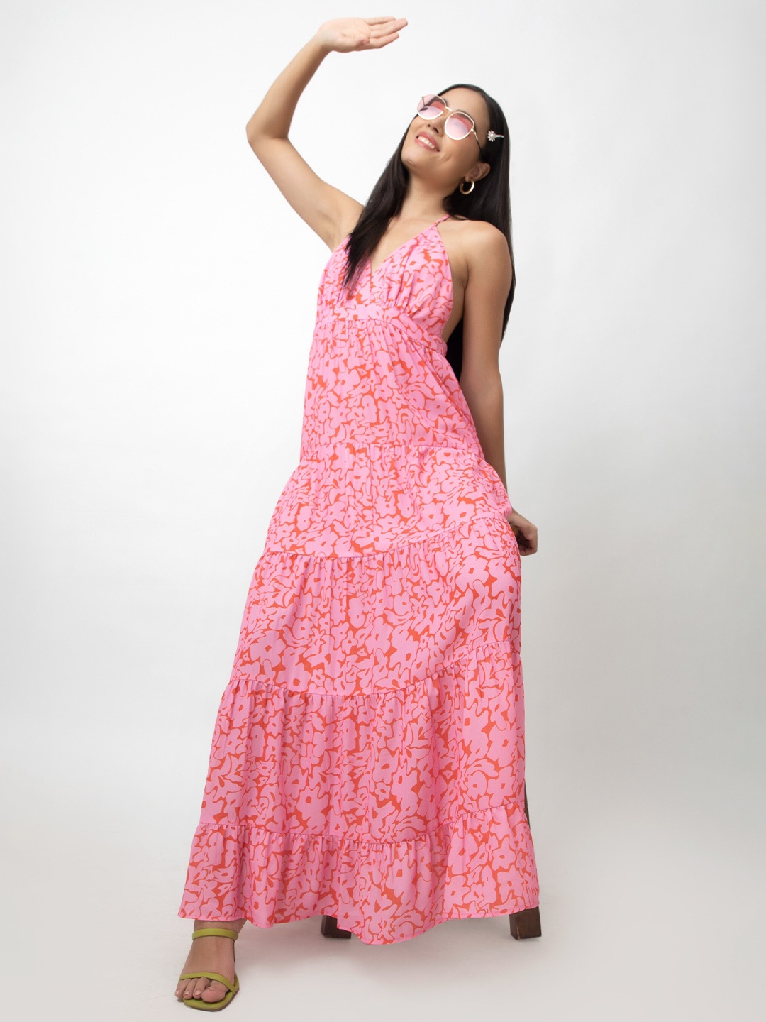 

Dee Monash Abstract Printed Halter Neck Tiered Crepe Maxi Dress, Pink