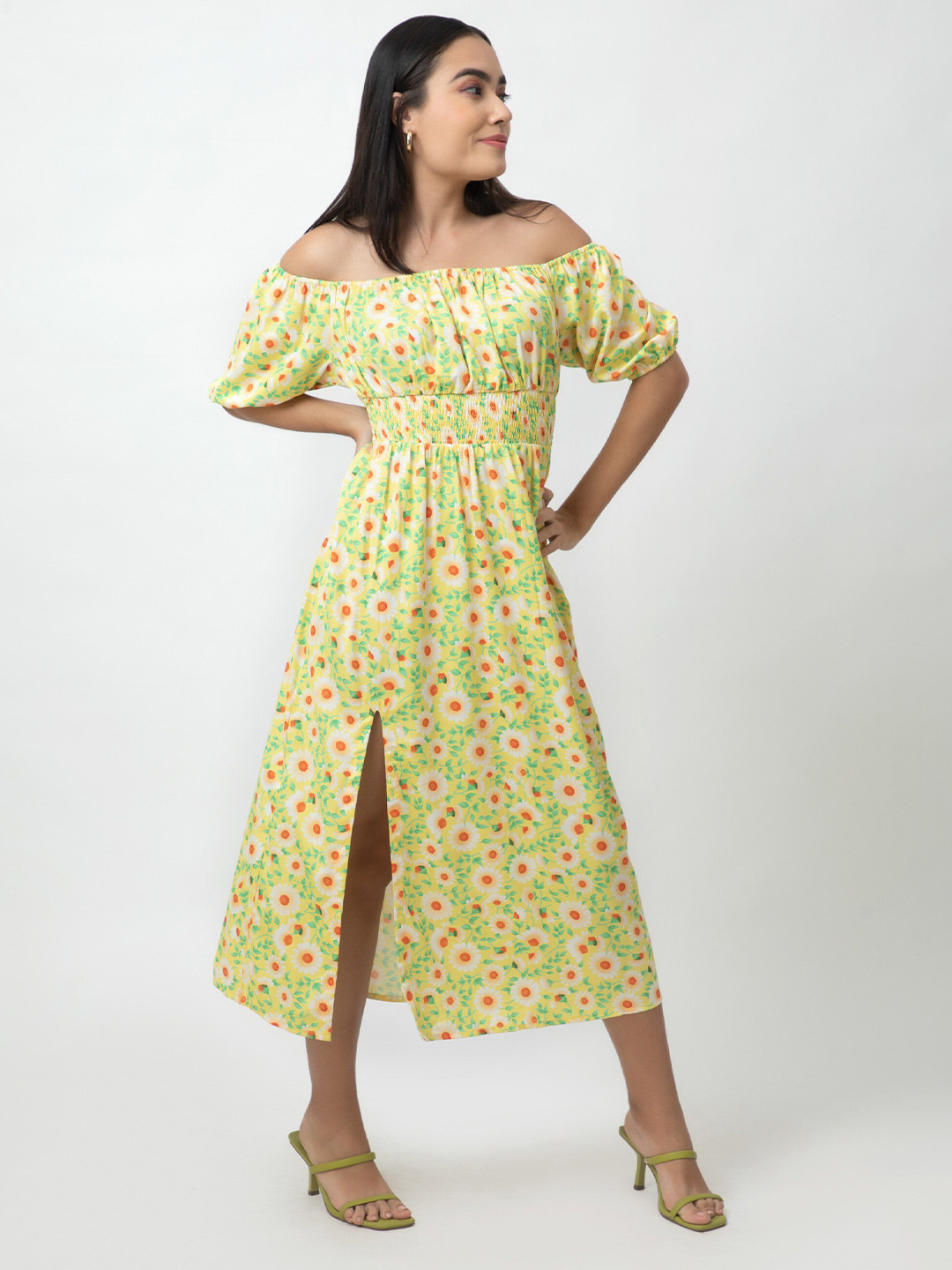 

Dee Monash Floral Printed Off-Shoulder Puff Sleeves Smocked A-Line Dress, Yellow