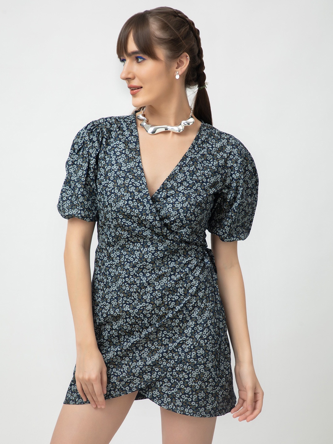

Dee Monash Floral Printed V-Neck Puff Sleeves A-Line Mini Dress, Navy blue