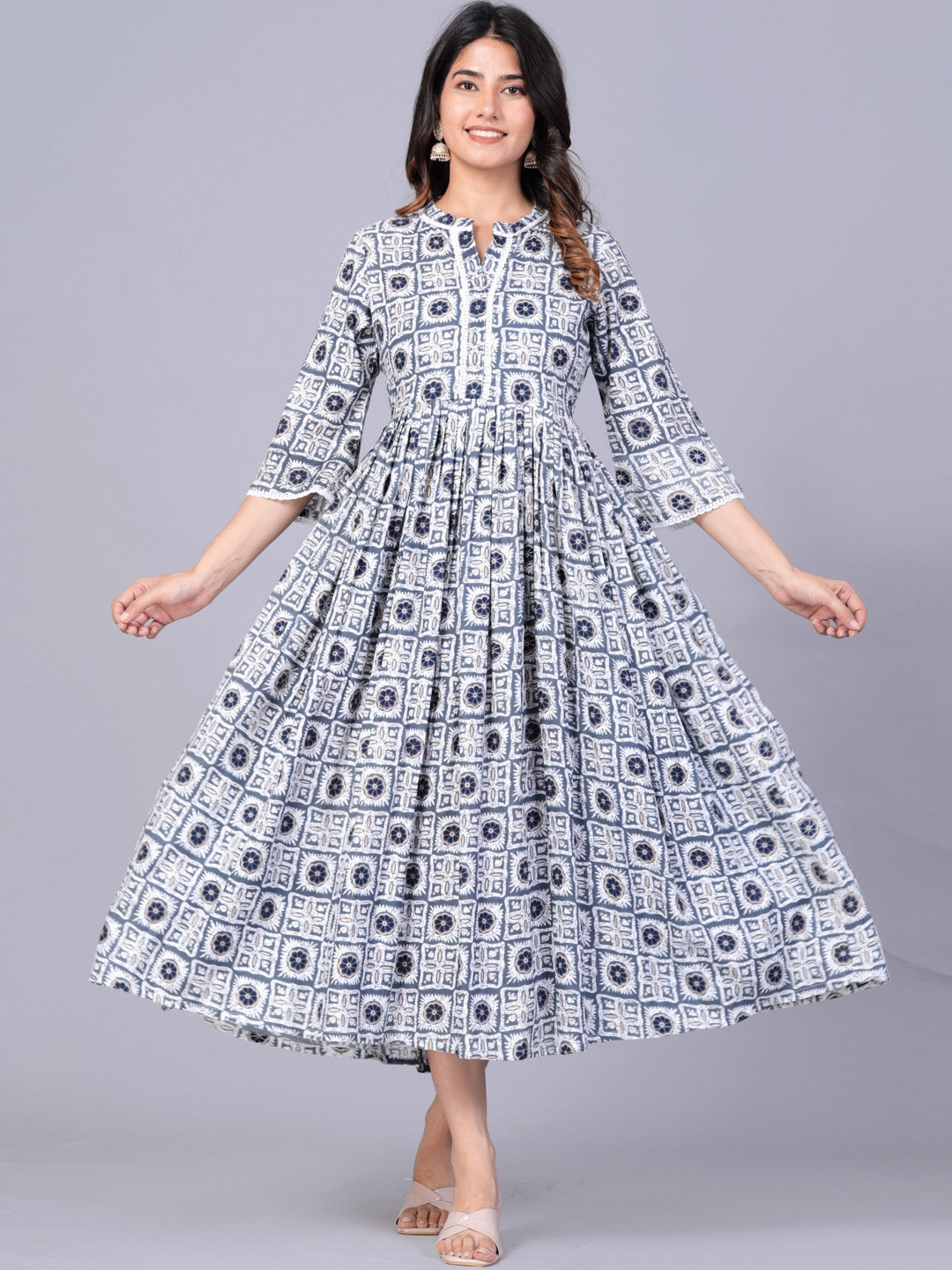 

JAIPURI COLLECTION Ethnic Printed Mandarin Collar Gathered Fit & Flare Midi Ethnic Dress, Grey