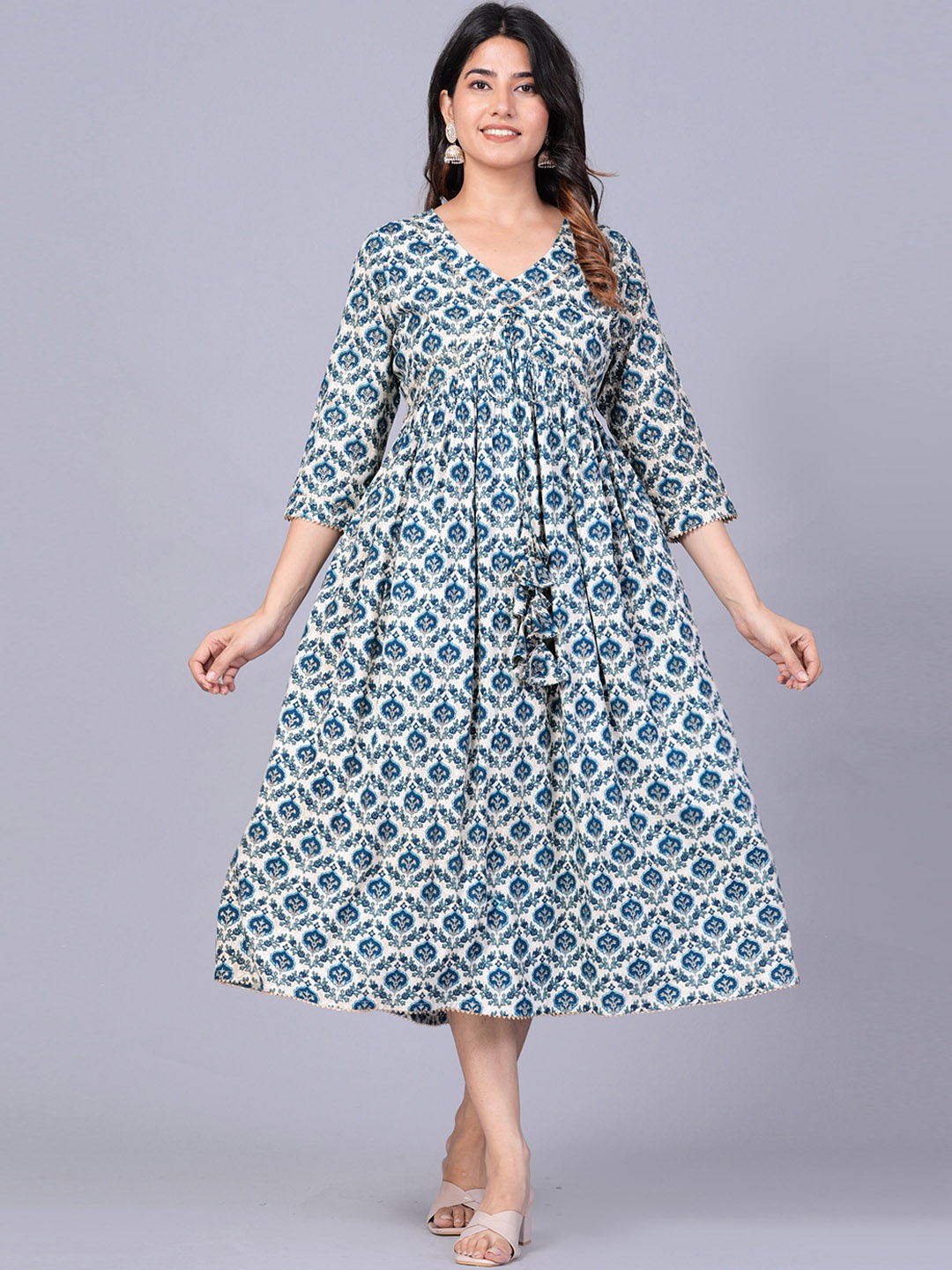 

JAIPURI COLLECTION Ethnic Motifs Printed V-Neck Gathered Empire Midi Ethnic Dress, Blue