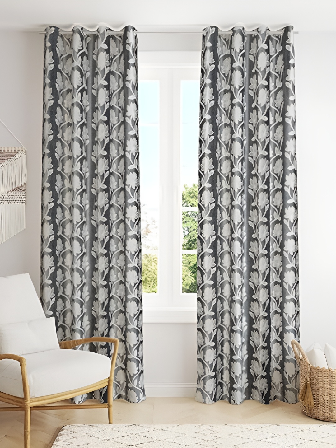 

Curtain King Grey 2 Pieces Taisha Floral Window Curtains