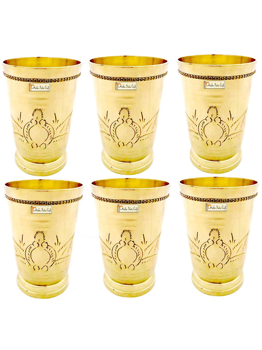 

PRISHA INDIA CRAFT Gold Toned 6 Pieces Printed Copper Water Or Juice Glass 250 ML