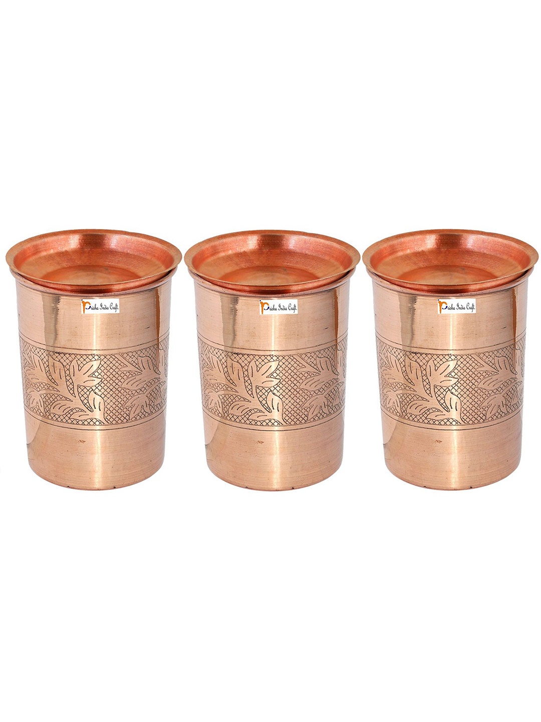 

PRISHA INDIA CRAFT Gold Toned 3 Pieces Textured Copper Water Glasses With Lid 240 ML