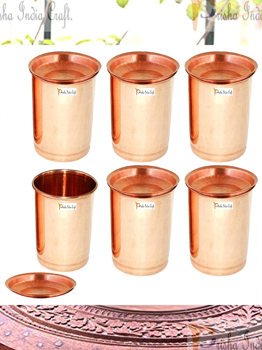 

PRISHA INDIA CRAFT 6 Pcs Copper Water Glasses With Lid 300 ml