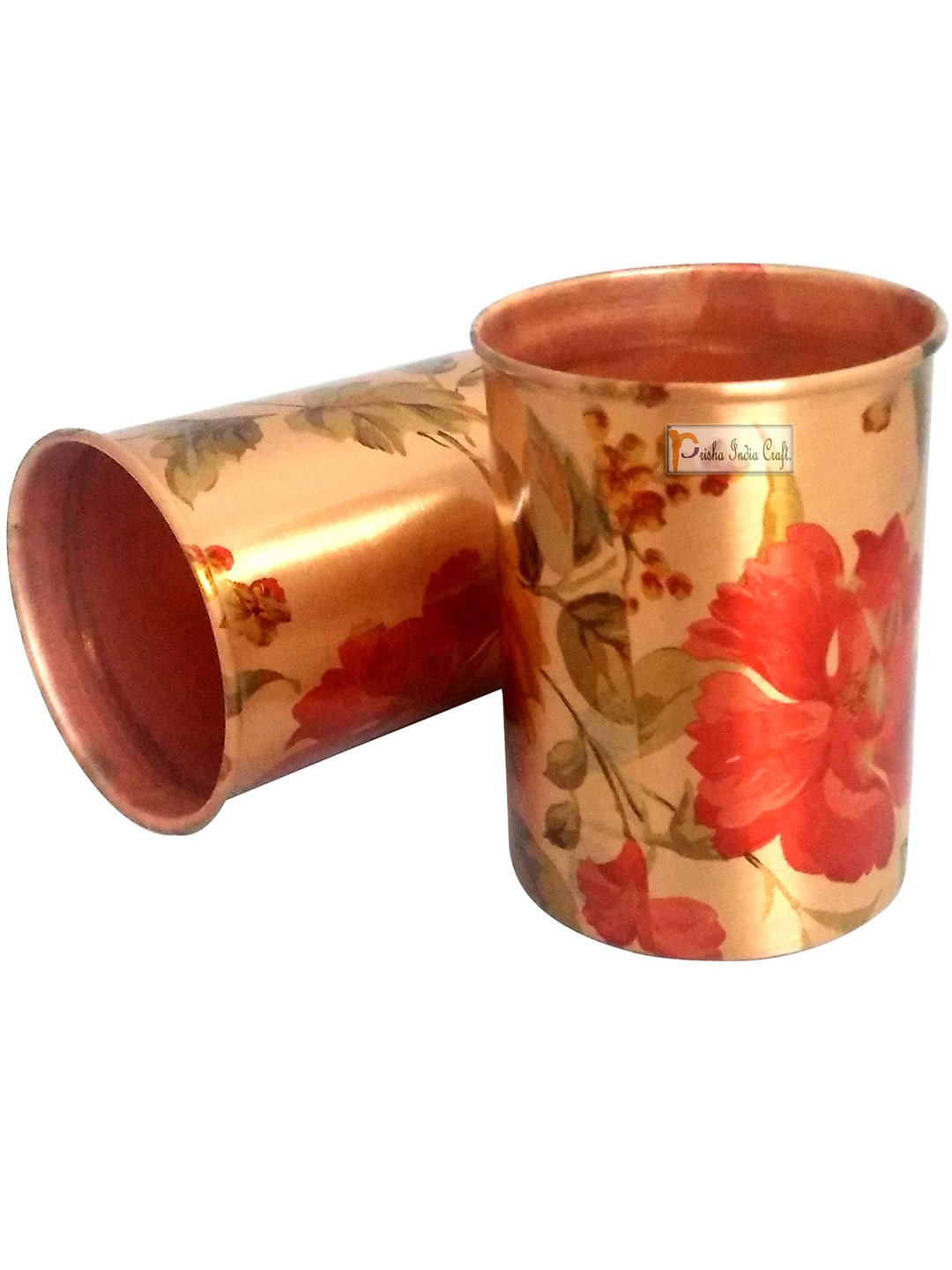 

PRISHA INDIA CRAFT Gold Toned Red 2 Pieces Floral Printed Copper Water Glasses 300 Ml