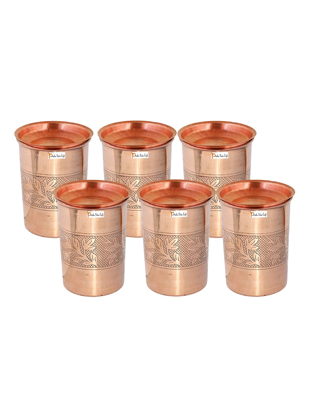 

PRISHA INDIA CRAFT 6 Pcs Floral Printed Copper Water Glasses With Lid 240 ml