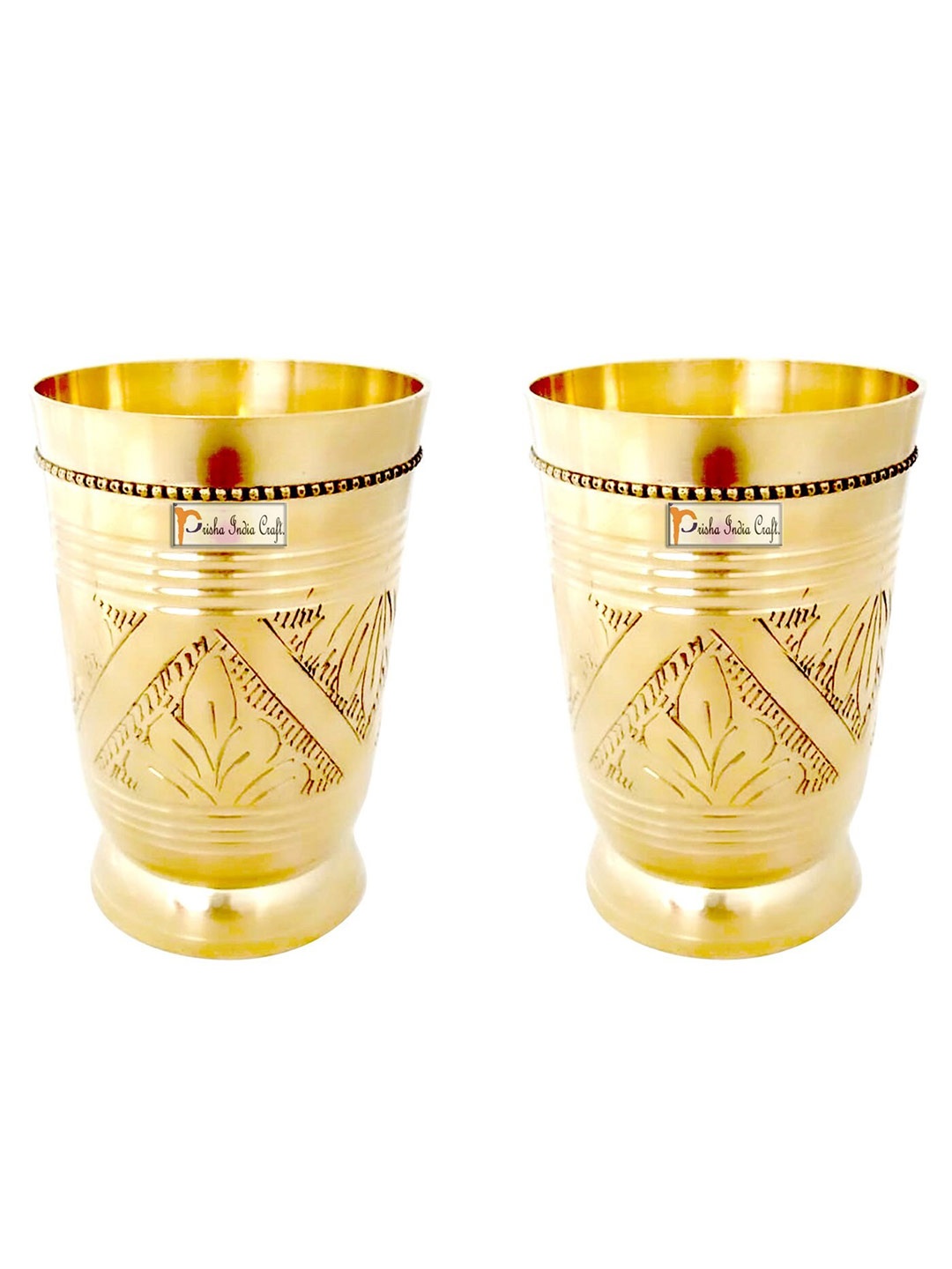 

PRISHA INDIA CRAFT 2 Pcs Floral Printed Copper Water Glasses 250 ml, Gold