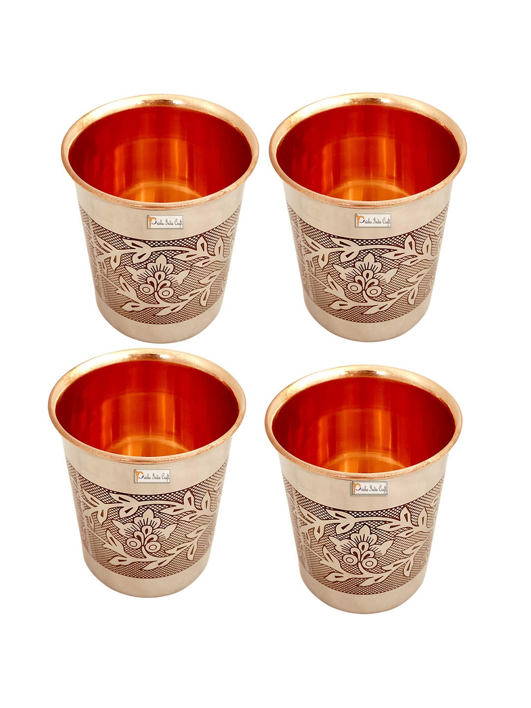 

PRISHA INDIA CRAFT 4 Pcs Printed Copper Water Glasses 250 ml