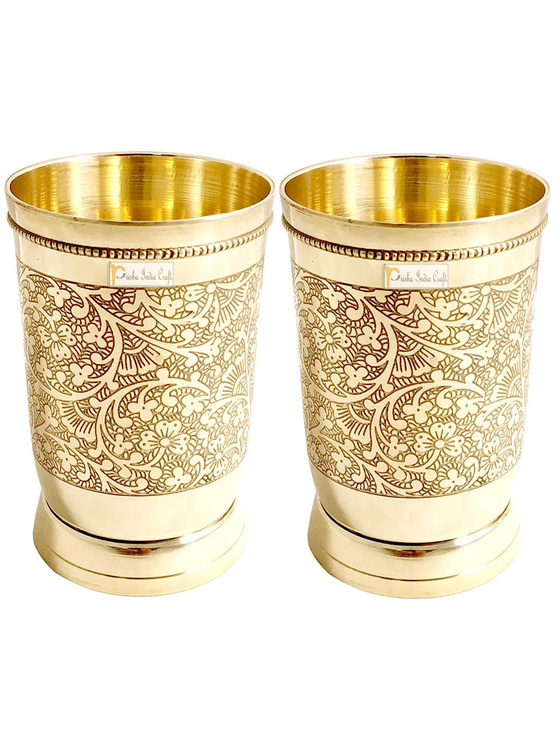 

PRISHA INDIA CRAFT 2 Pcs Printed Copper Water Glasses 300 ml, Gold