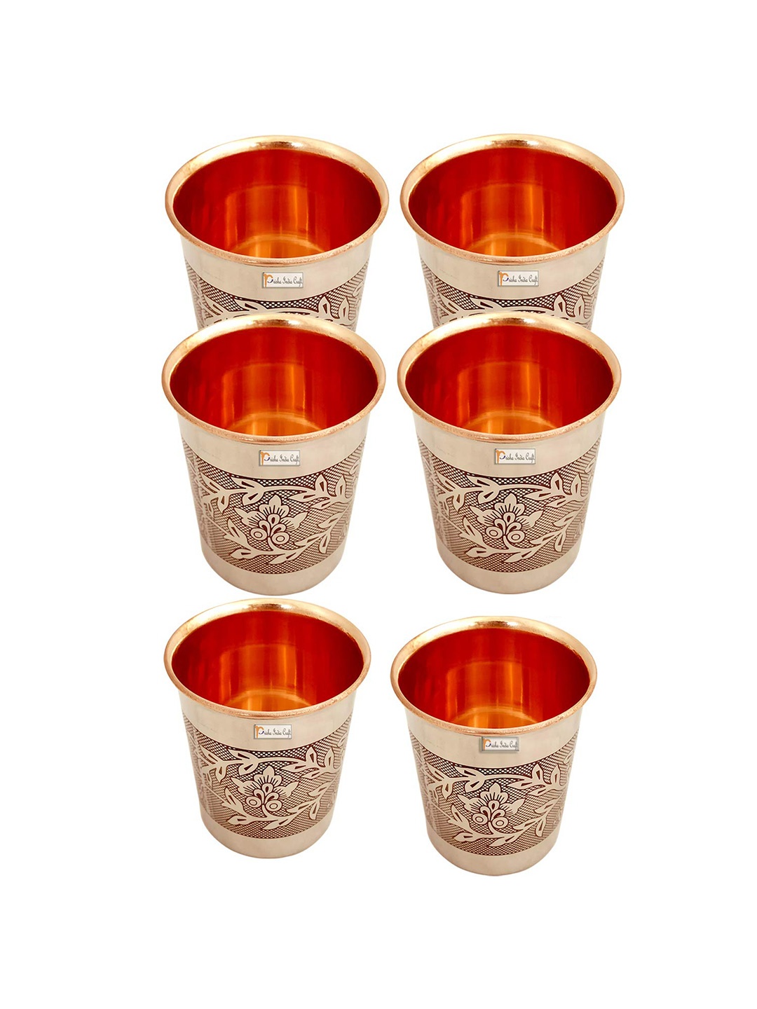 

PRISHA INDIA CRAFT 6 Pcs Floral Printed Copper Water Glasses 250 ml