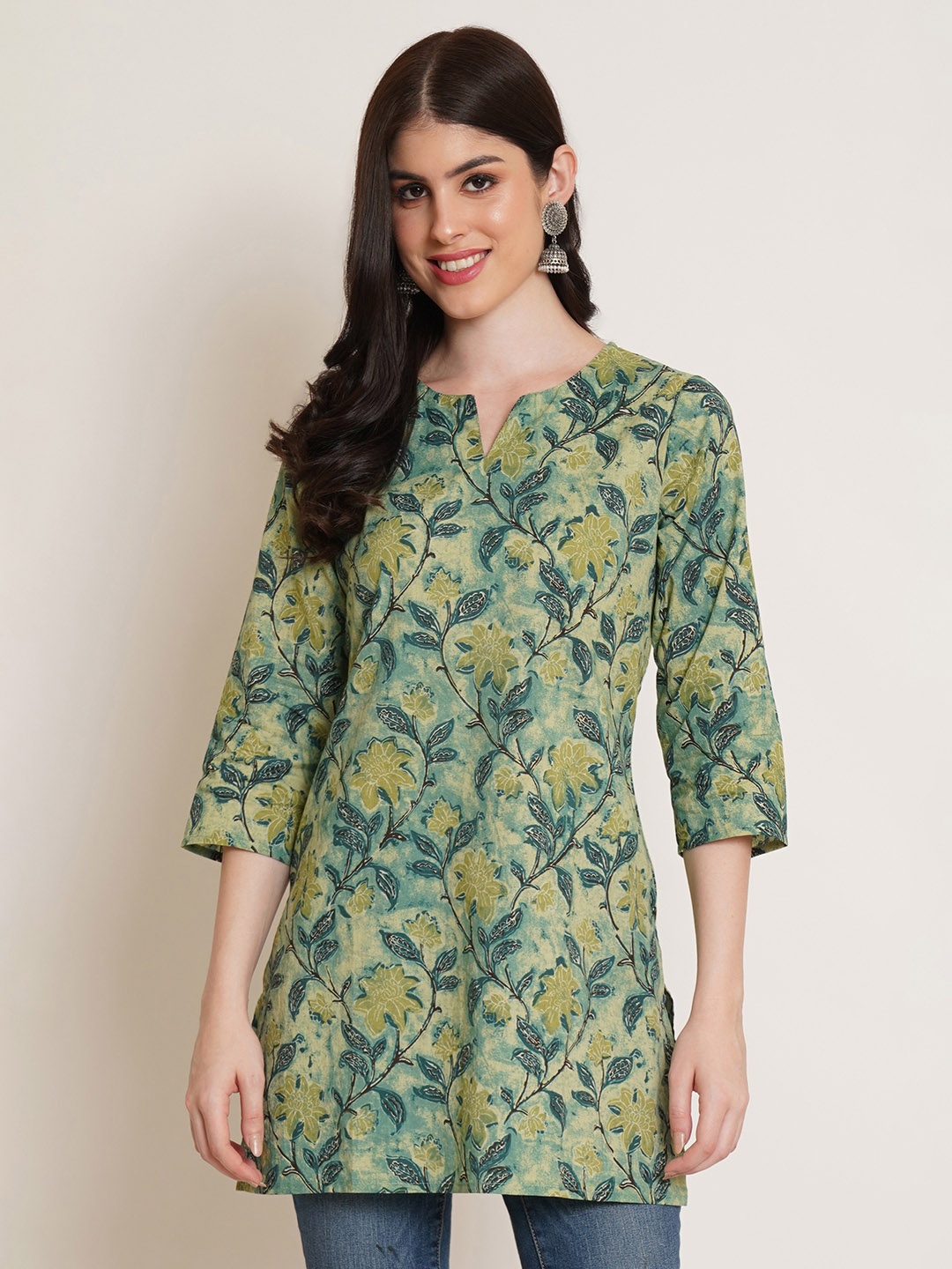 COTLAND FASHION Floral Printed Notched Neck Pure Cotton Kurti, Green