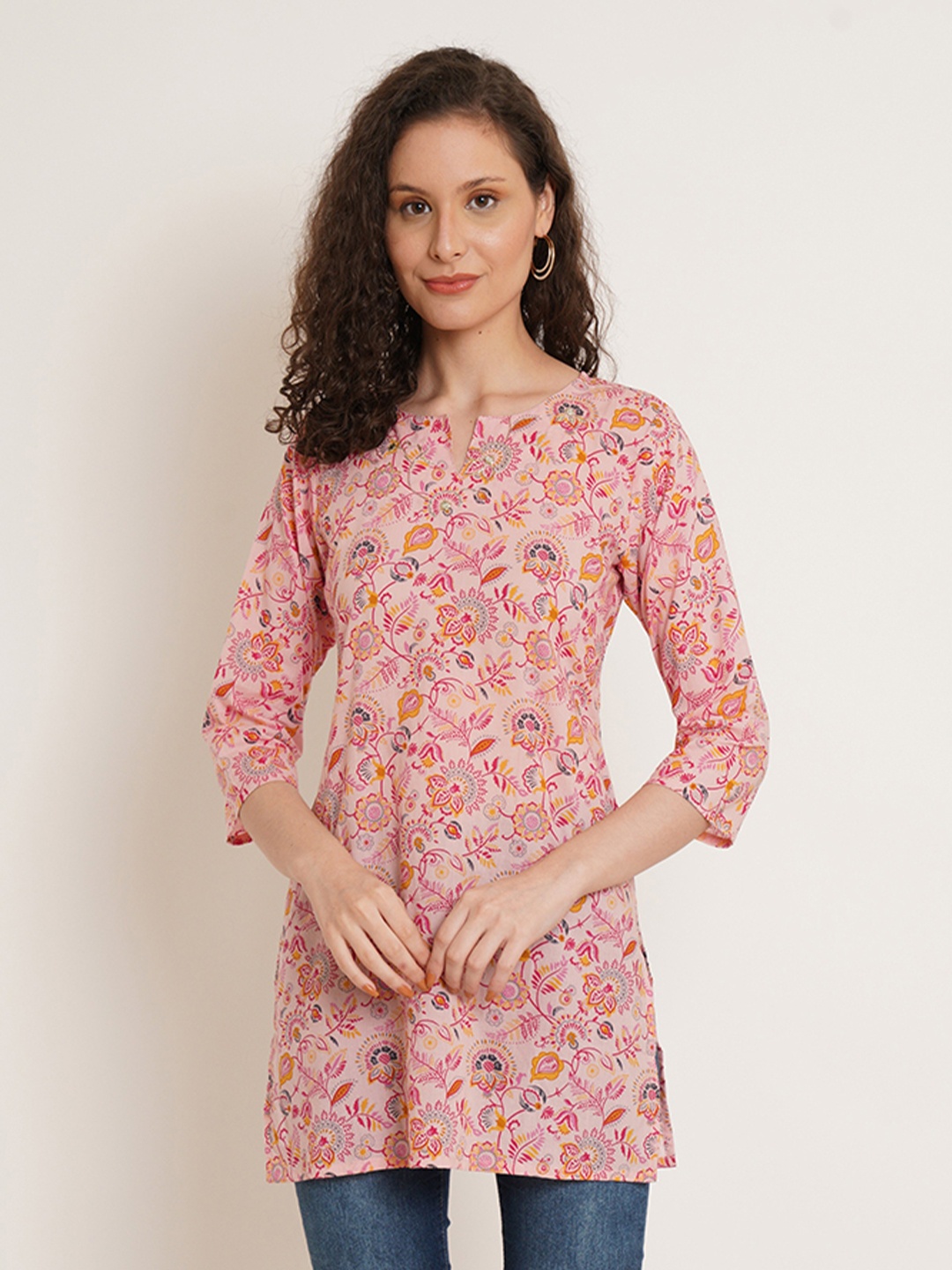

COTLAND FASHION Floral Printed Notched Neck Mirror Work Pure Cotton Kurti, Pink
