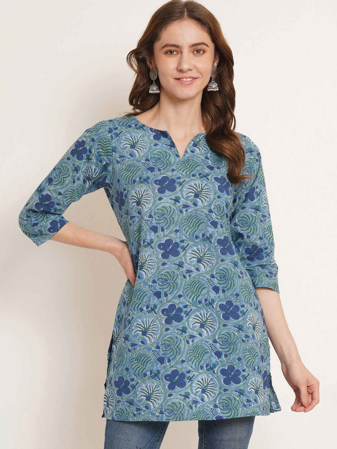 

COTLAND FASHION Floral Printed Notched Neck Pure Cotton Kurti, Blue
