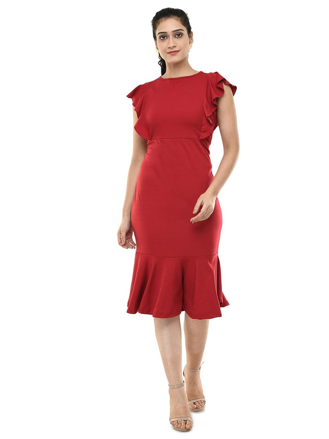 

BAESD Batwing Sleeves Gathered or Pleated Georgette Bodycon Midi Dress, Red