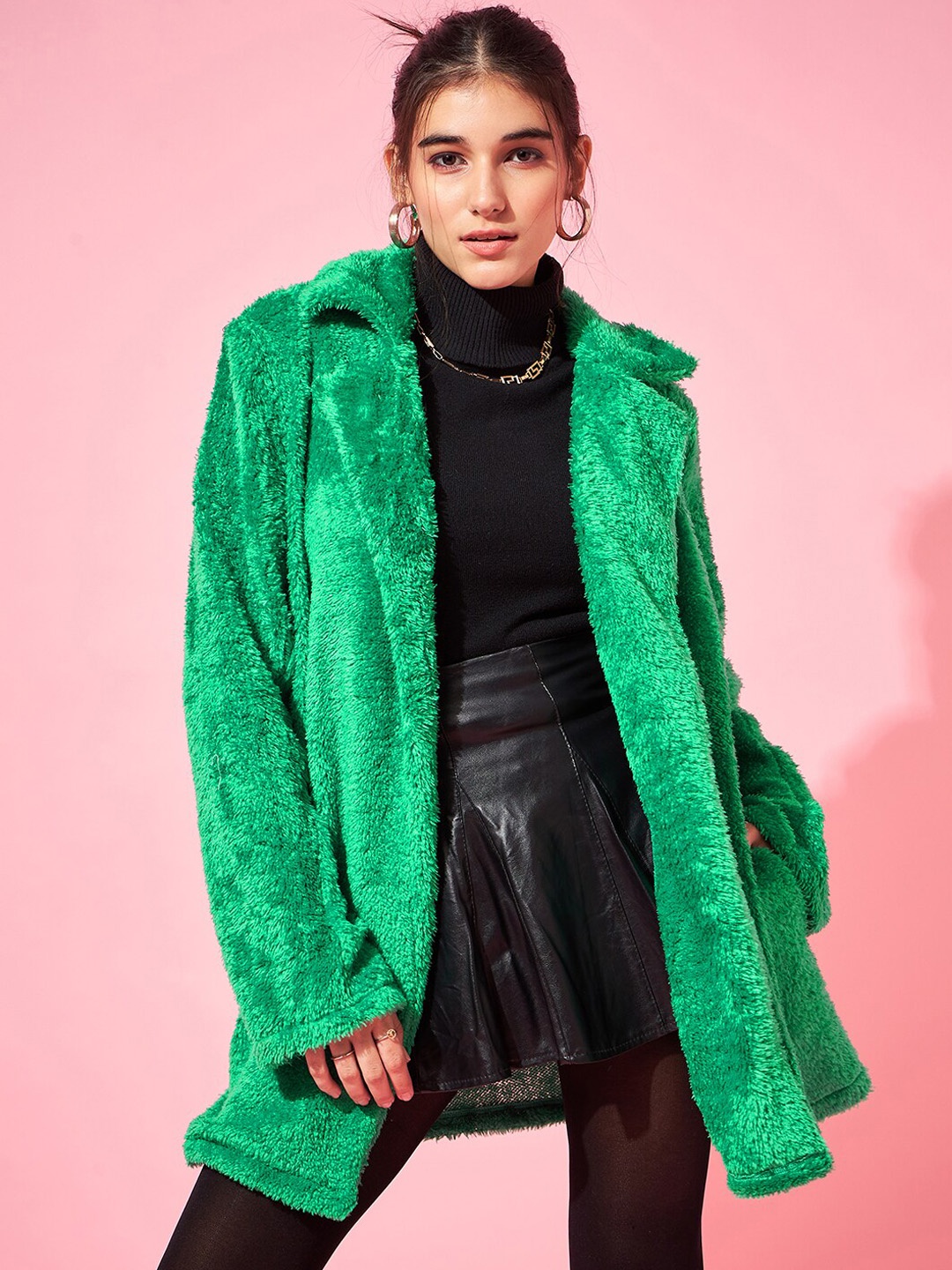 

Athena Notched Lapel Front-Open Woollen Overcoats, Green