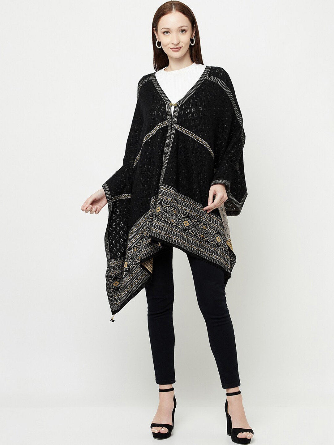 

Knitstudio Ethnic Motifs Self Design Acrylic Shawl, Black