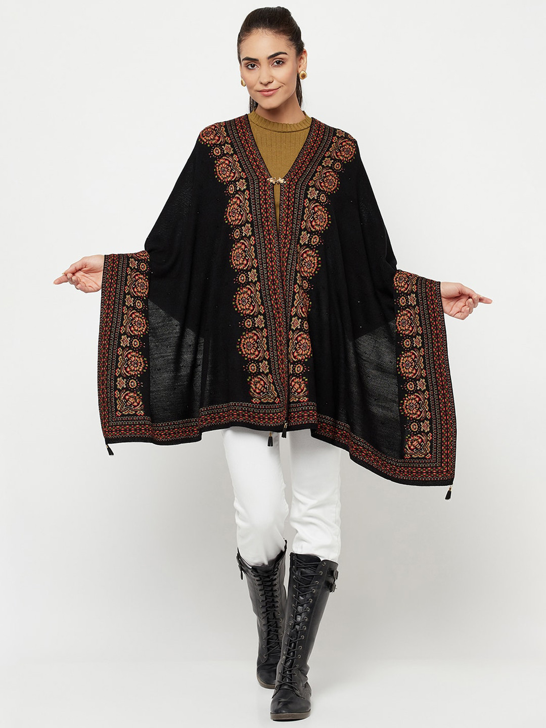 

Knitstudio Floral Motifs Woven Design Pure Acrylic Shawl, Black