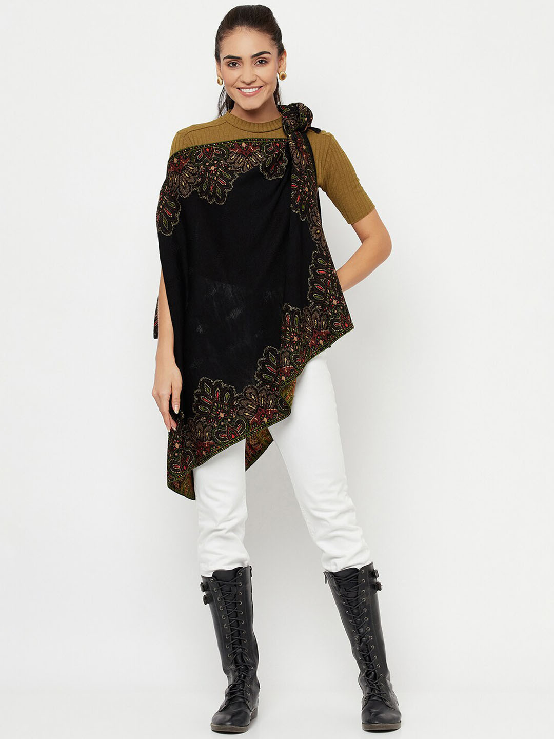 

Knitstudio Ethnic Motifs Woven Design Acrylic Shawl, Black