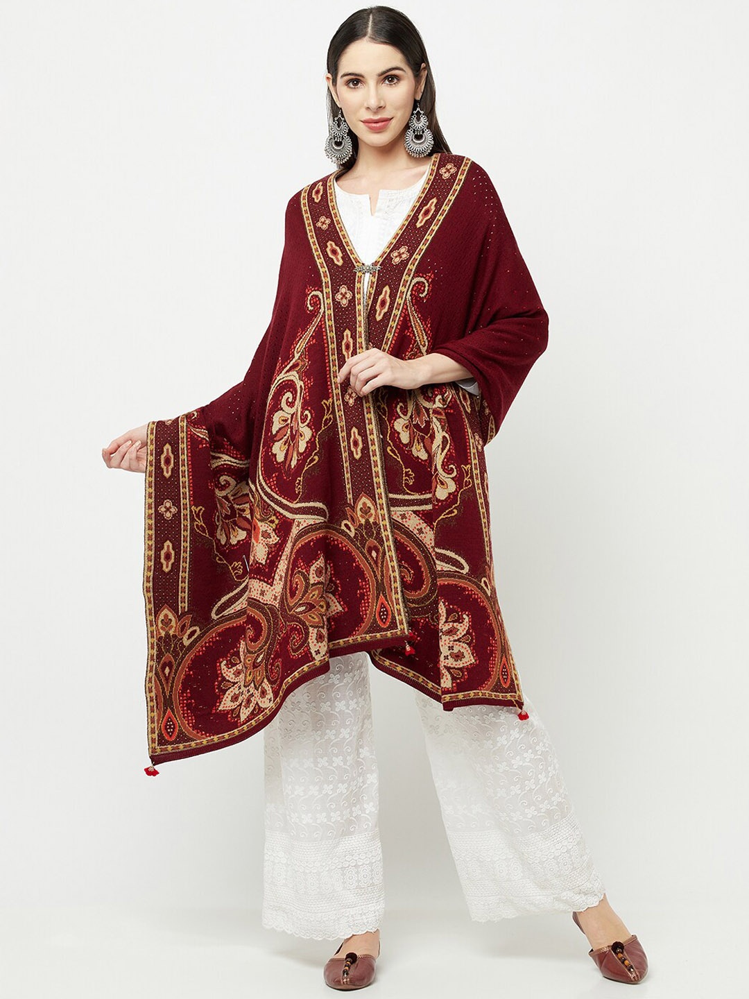 

Knitstudio Ethnic Motifs Woven Design Acrylic Shawl, Maroon