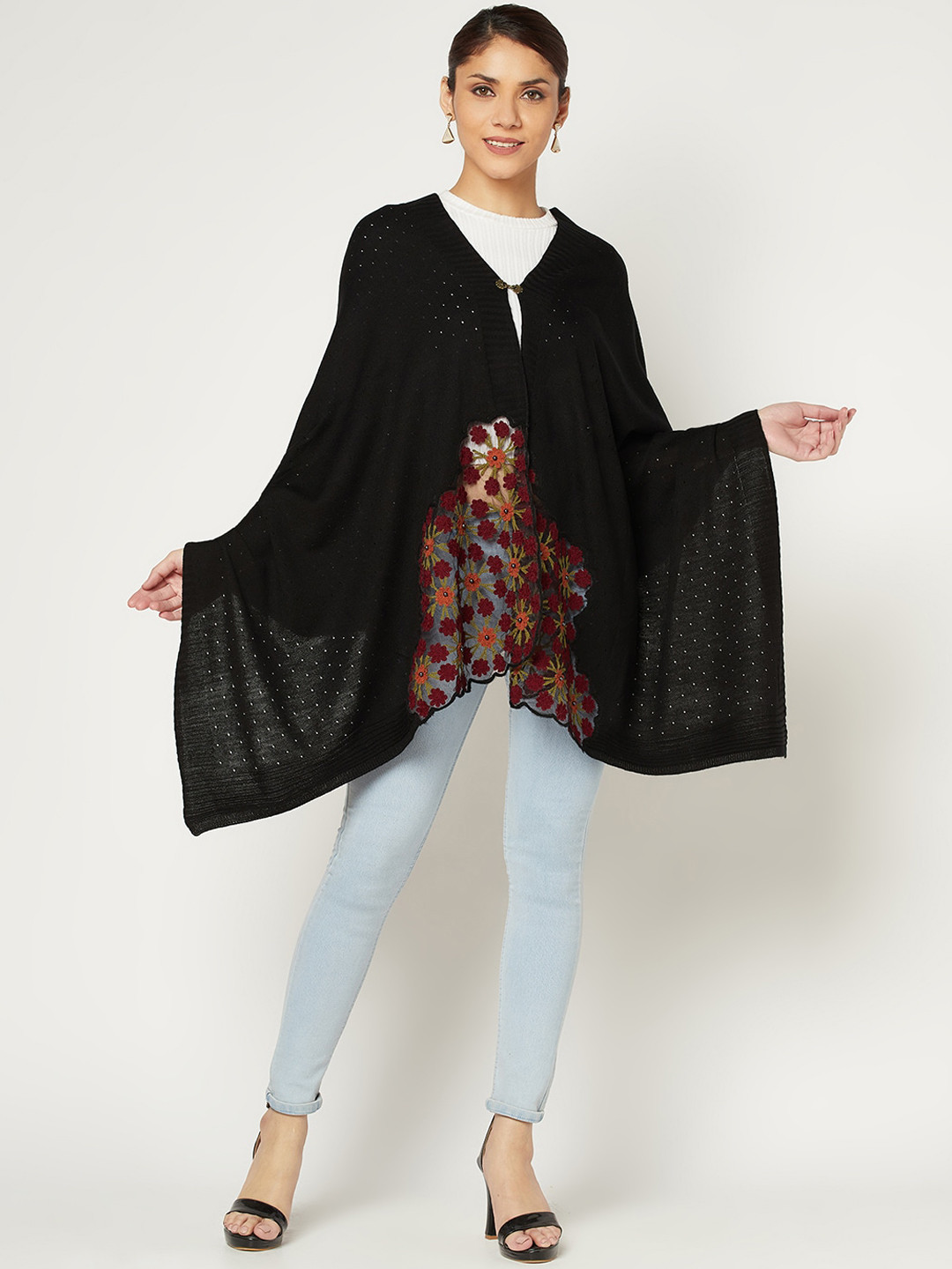 

Knitstudio Self-Design Embroidered Acrylic Knitted Shawl, Black