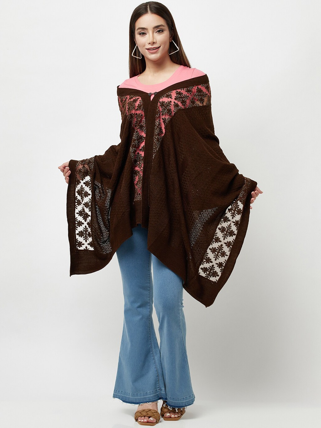 

Knitstudio Women Ethnic Motifs Woven Design Acrylic Shawl, Brown