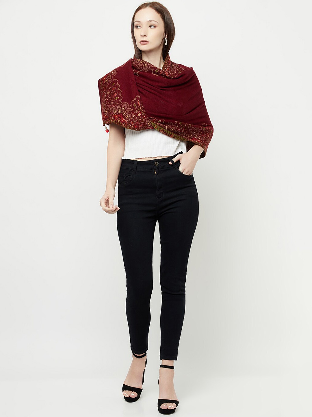 

Knitstudio Ethnic Motifs Embroidered Acrylic Shawl, Maroon
