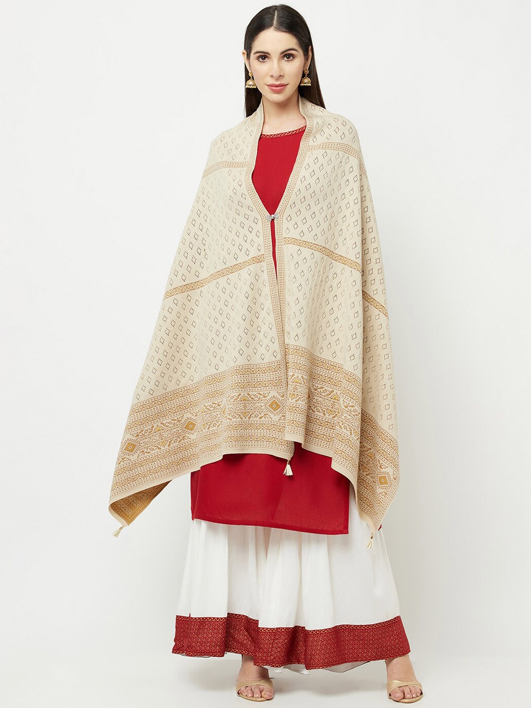 

Knitstudio Geometric Woven Design Acrylic Shawl, Beige