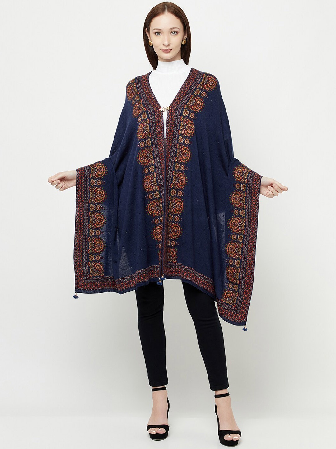 

Knitstudio Ethnic motifs Woven Design Acrylic Shawl, Navy blue