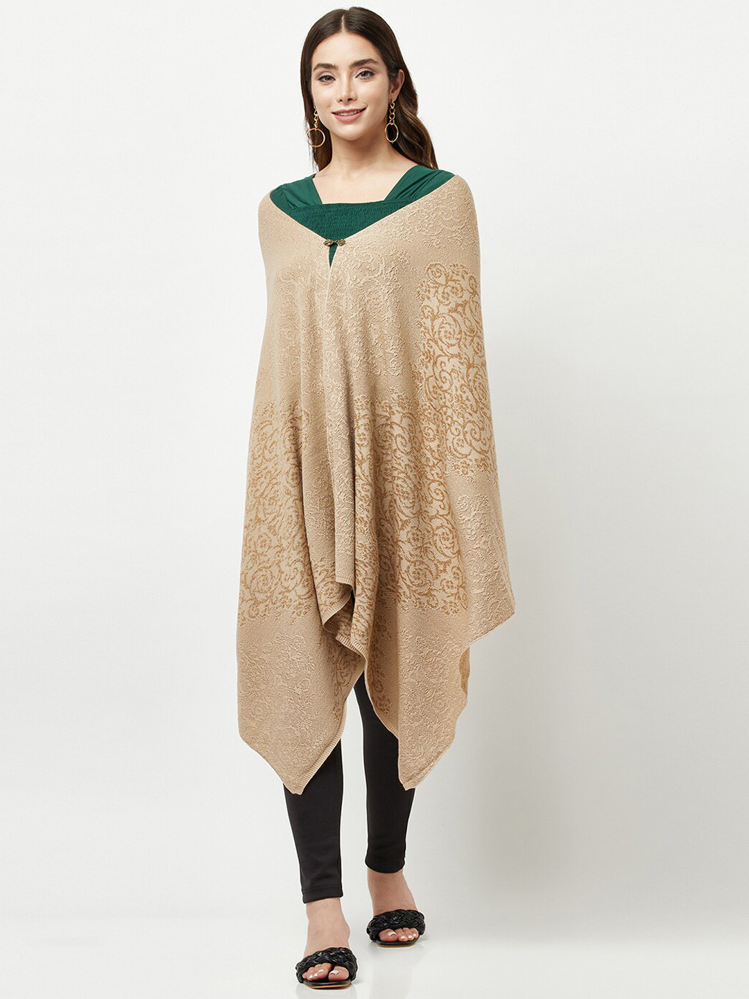 

Knitstudio Women Ethnic Motifs Woven Design Acrylic Shawl, Beige