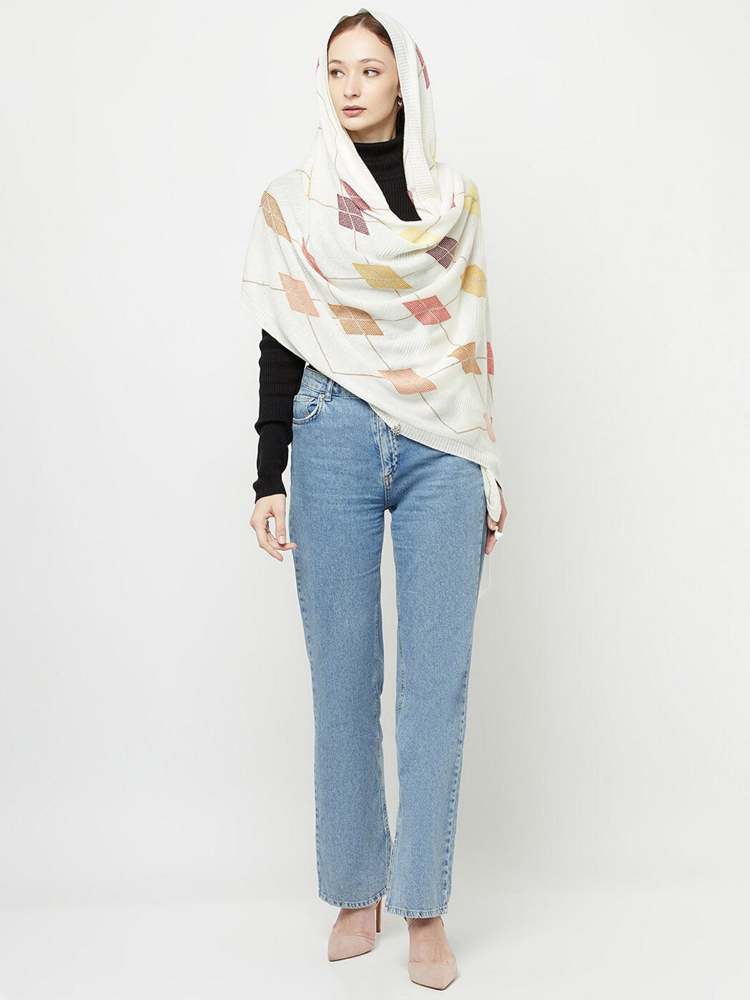 

Knitstudio Geometric Woven Design Acrylic Shawl, White