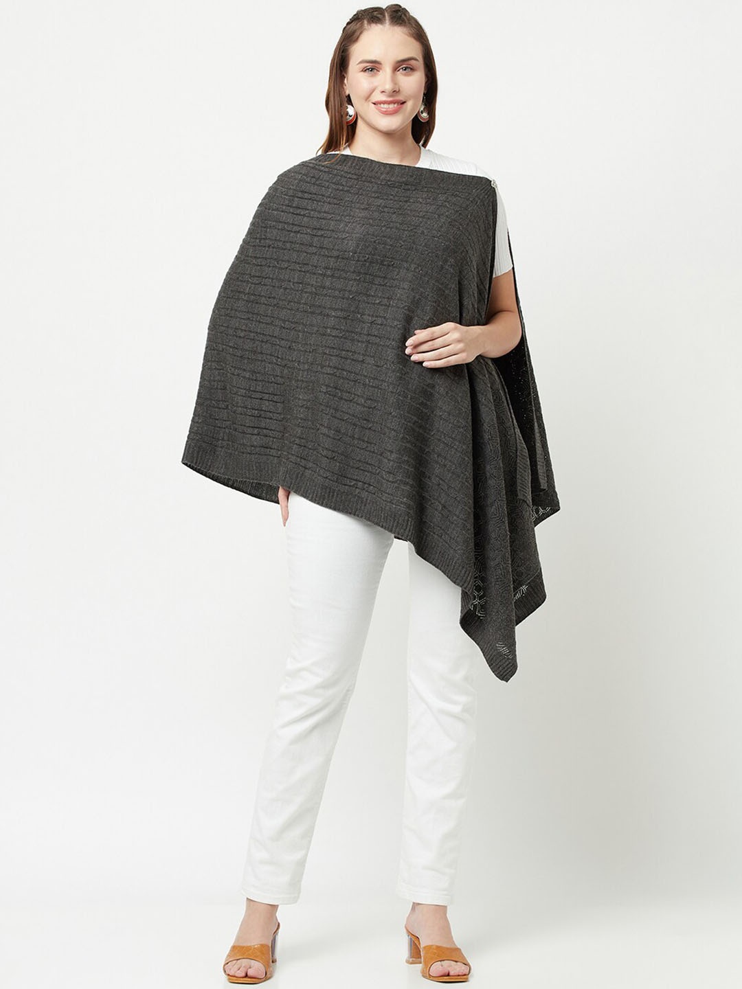

Knitstudio Striped Woven Design Pure Acrylic Shawl, Grey