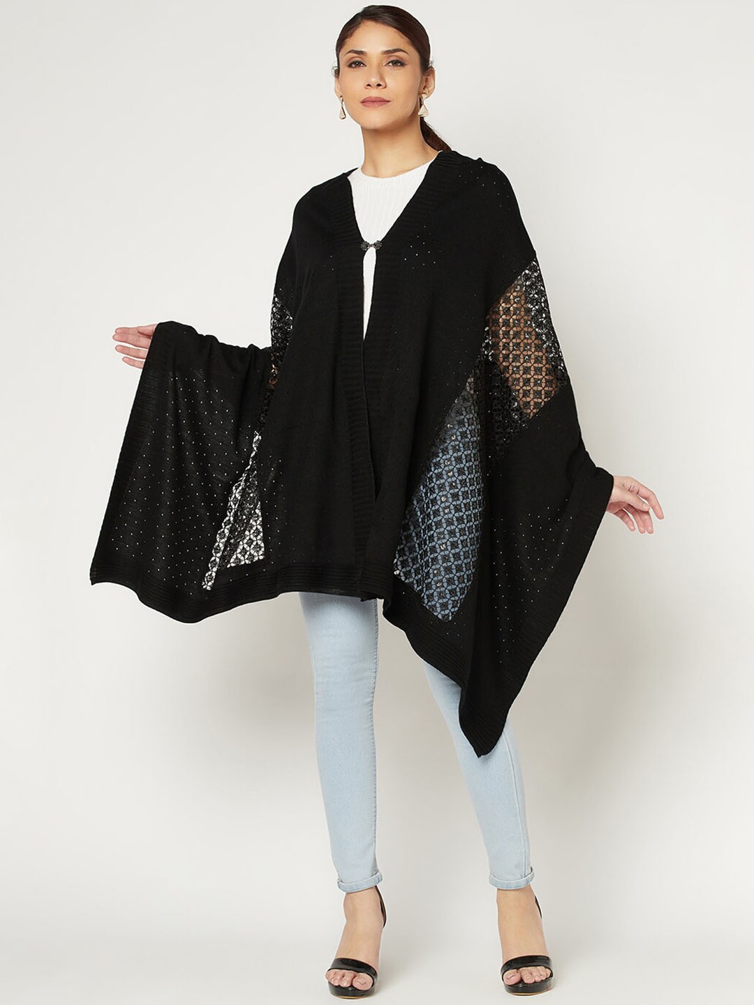 

Knitstudio Women Geometric Self-Design Shawl, Black