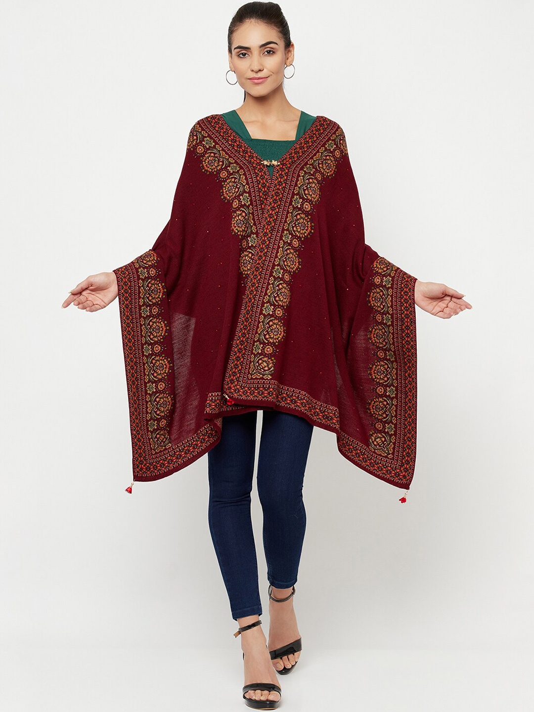 

Knitstudio Ethnic Motifs Woven Design Acrylic Shawl, Maroon