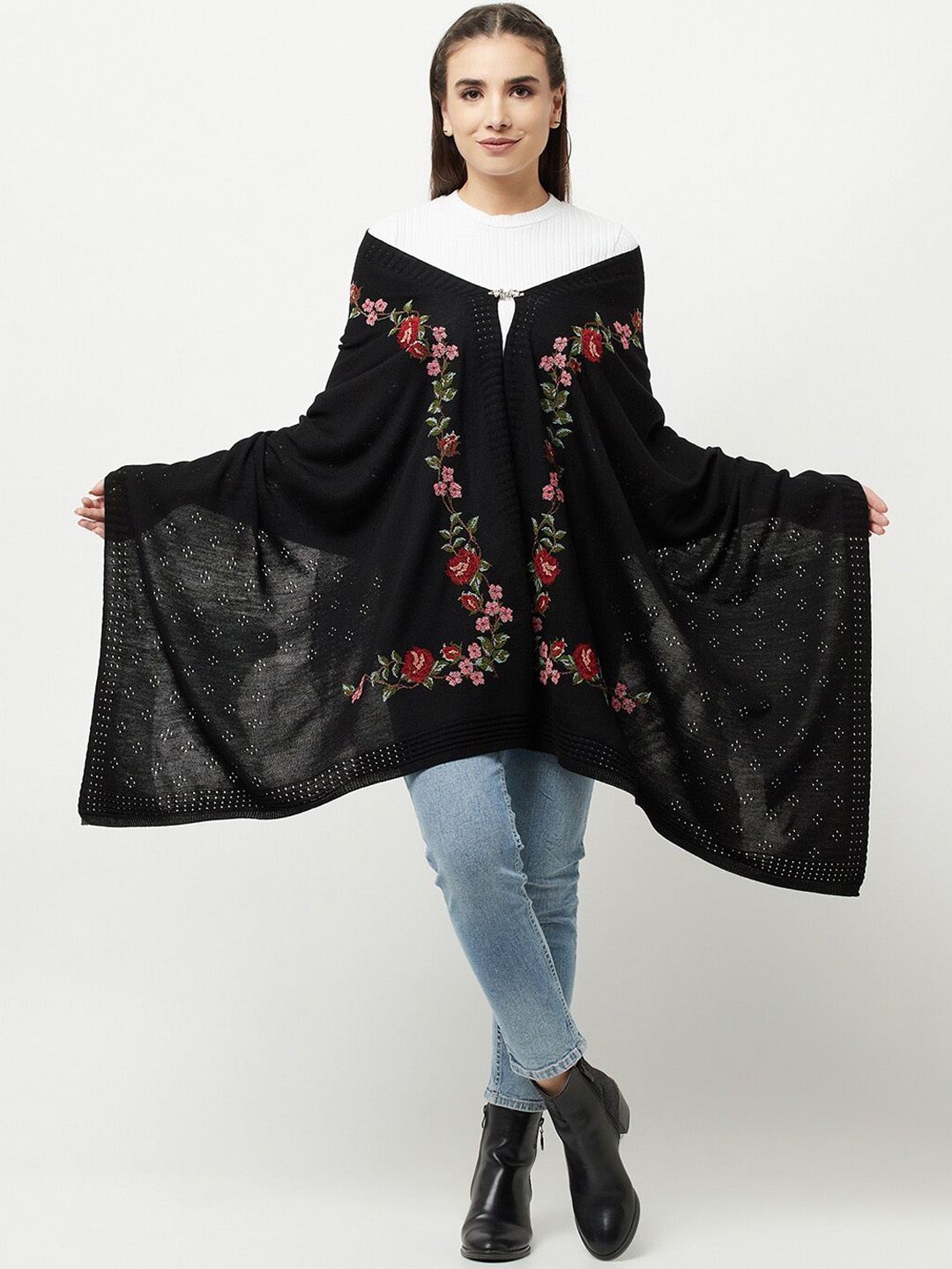 

Knitstudio Floral Embroidered Acrylic Shawl, Black
