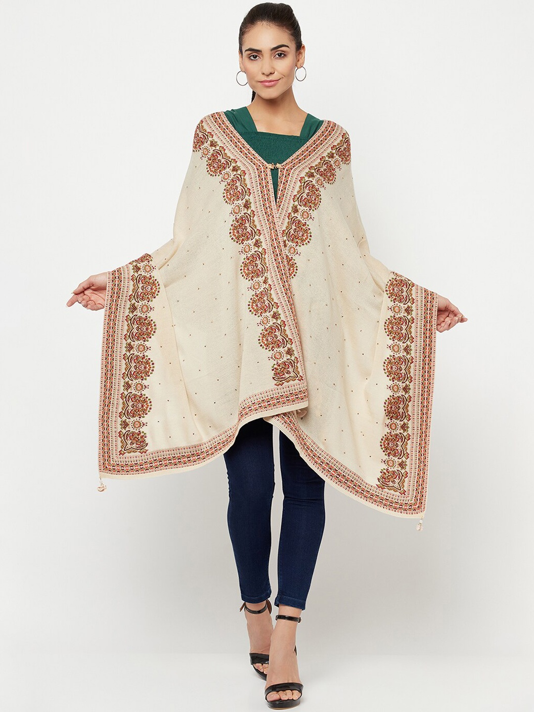 

Knitstudio Ethnic Motifs Woven Design Shawl, Beige