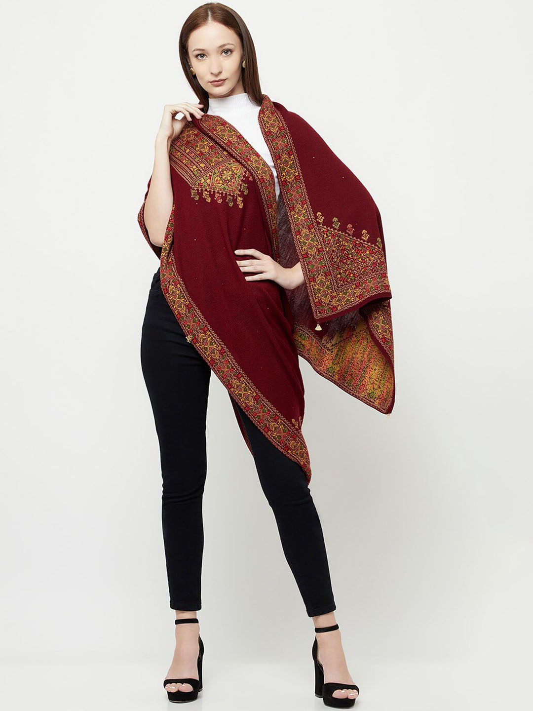 

Knitstudio Ethnic Motifs Self Design Acrylic Shawl, Maroon