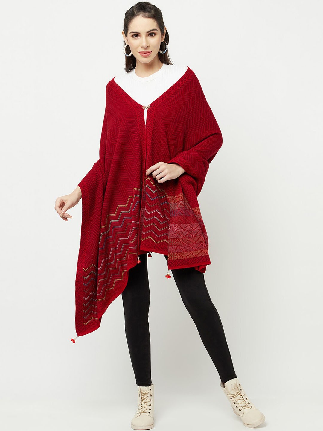 

Knitstudio Chevron Self Design Knitted Acrylic Shawl, Red