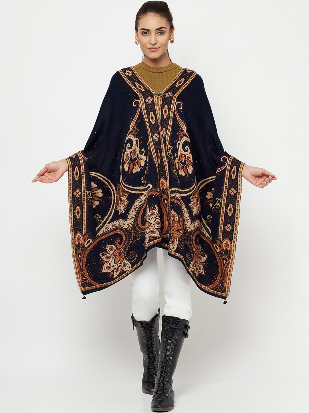 

Knitstudio Women Ethnic Motifs Woven Design Acrylic Shawl, Navy blue